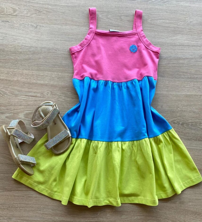 Vestido Infantil Feminino Marias Rosa, Azul e Verde Fernanda Ramos Kids