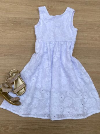Vestido Infantil Feminino Midi Bordado Branco Fernanda Ramos Kids