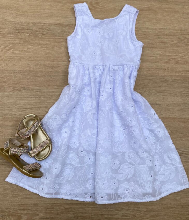 Vestido Infantil Feminino Midi Bordado Branco Fernanda Ramos Kids