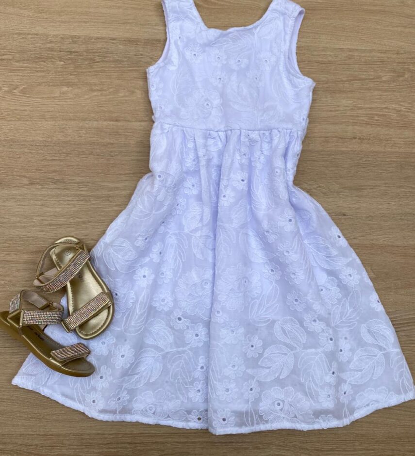 Vestido Infantil Feminino Midi Bordado Branco Fernanda Ramos Kids