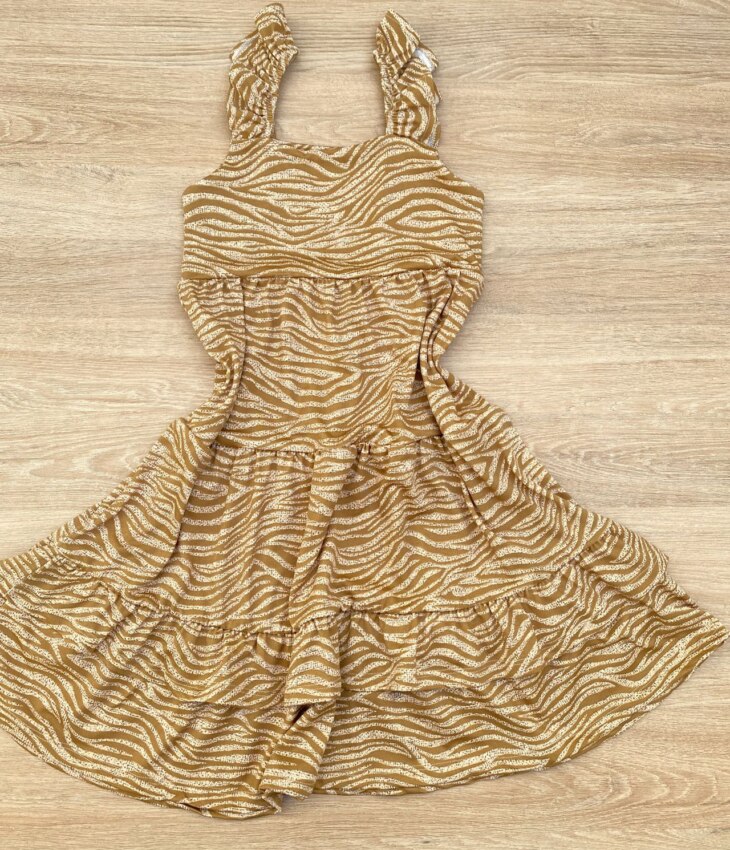 fernandaramoskids com br Vestido Infantil Feminino Soltinho Alça com Babado Animal Print Bege 2
