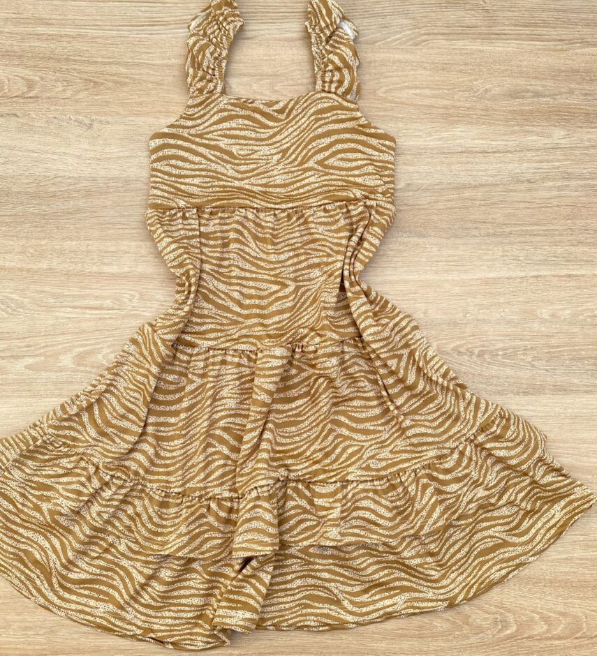 fernandaramoskids com br Vestido Infantil Feminino Soltinho Alça com Babado Animal Print Bege 2