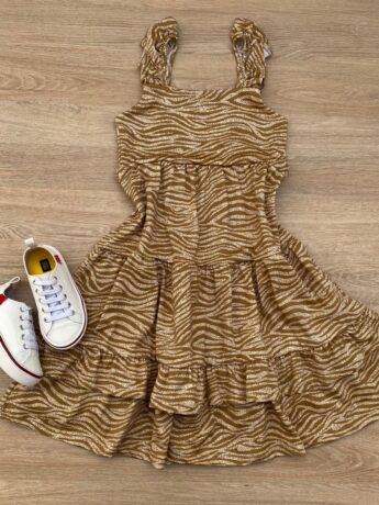 Vestido Infantil Feminino Soltinho Alça com Babado Animal Print Bege Fernanda Ramos Kids