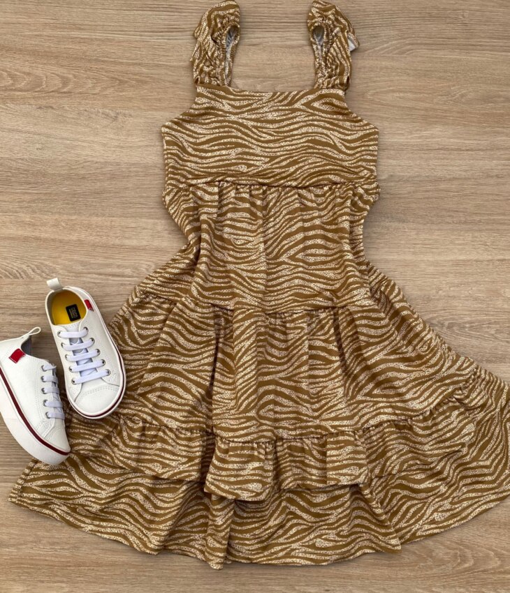 Vestido Infantil Feminino Soltinho Alça com Babado Animal Print Bege Fernanda Ramos Kids