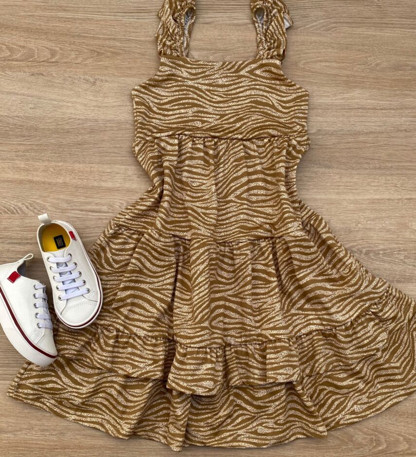 Vestido Infantil Feminino Soltinho Alça com Babado Animal Print Bege Fernanda Ramos Kids