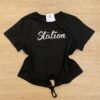 Blusa Cropped Infantil Feminino Manga Curta Station com Amarração Preto Fernanda Ramos Kids