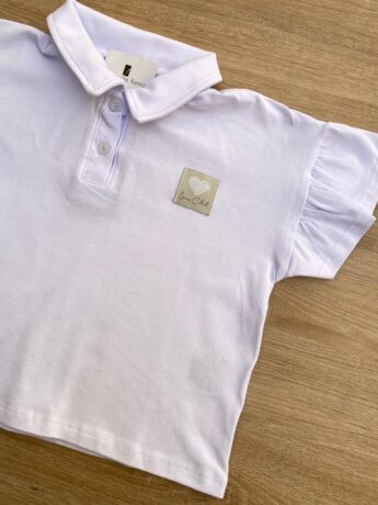 fernandaramoskids com br Blusa Manga Curta Infantil Feminina Branca Gola Polo Manga com Babado1