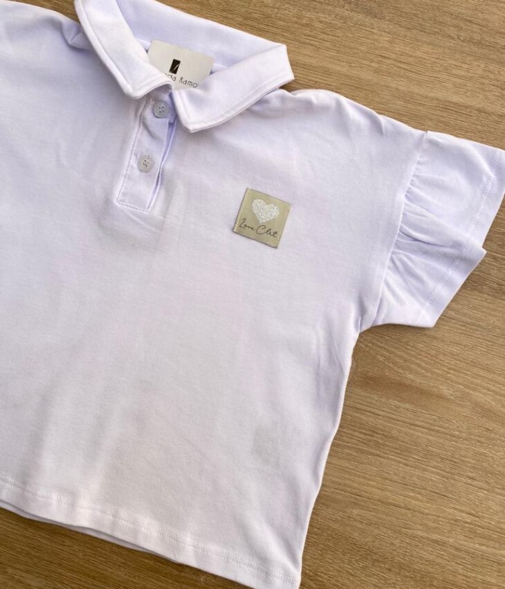 fernandaramoskids com br Blusa Manga Curta Infantil Feminina Branca Gola Polo Manga com Babado1