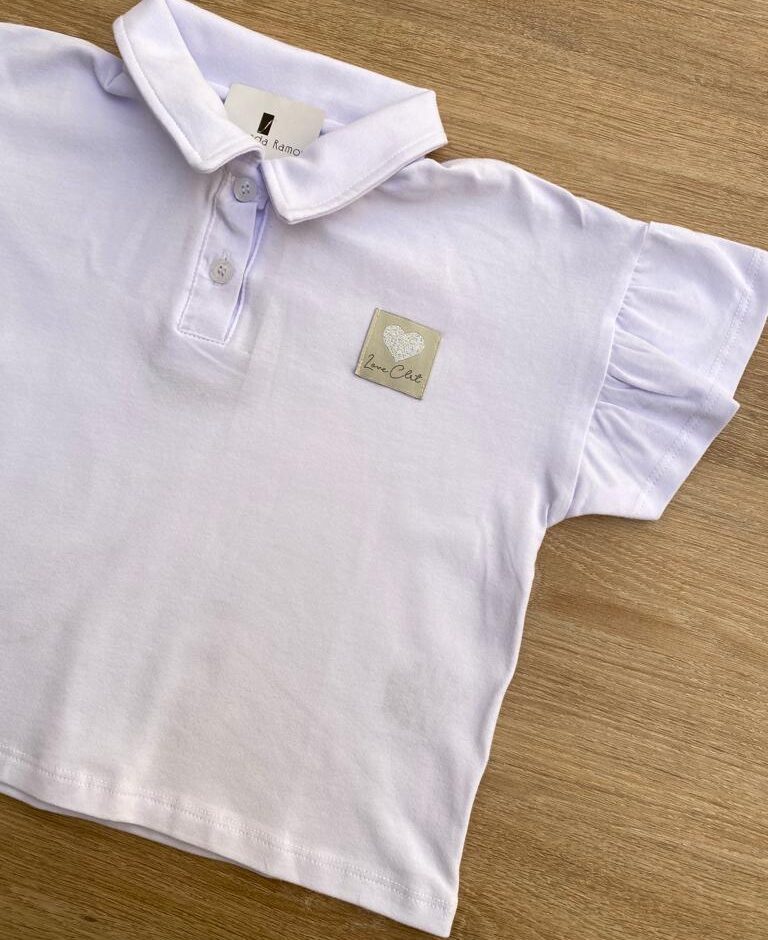 fernandaramoskids com br Blusa Manga Curta Infantil Feminina Branca Gola Polo Manga com Babado1