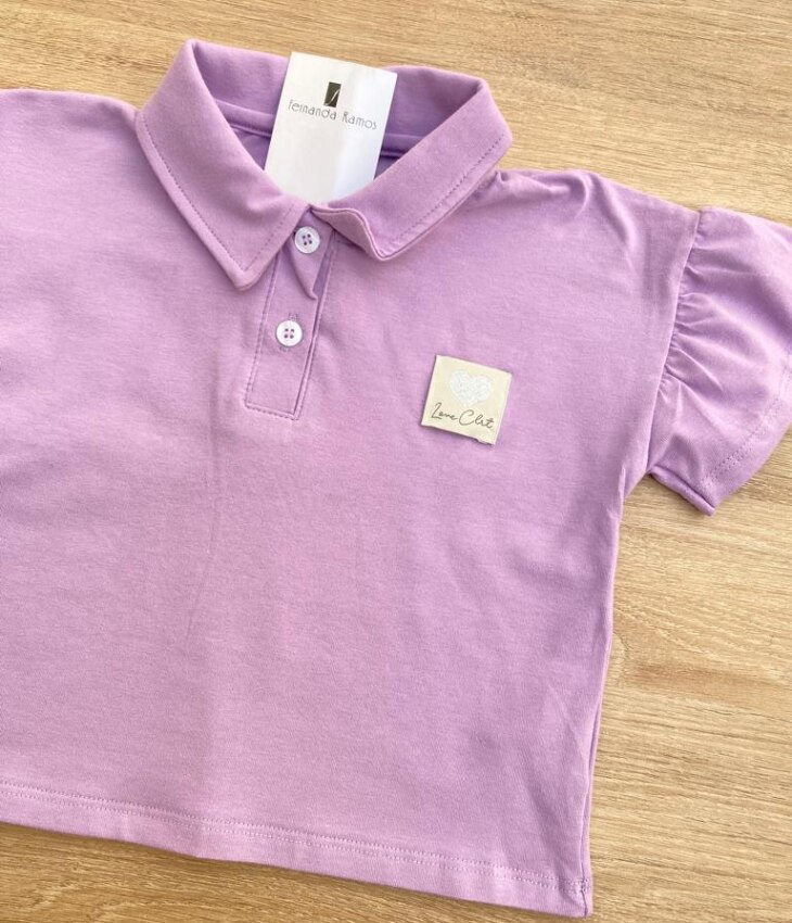 fernandaramoskids com br Blusa Manga Curta Infantil Feminina Lilás Gola Polo Manga com Babado1