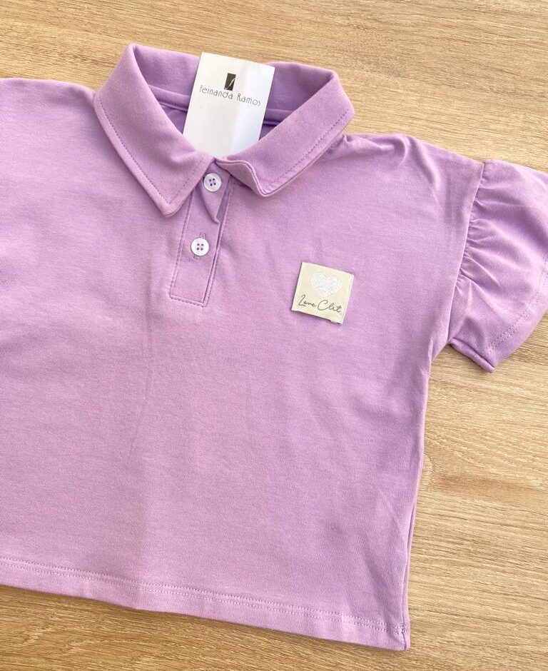fernandaramoskids com br Blusa Manga Curta Infantil Feminina Lilás Gola Polo Manga com Babado1
