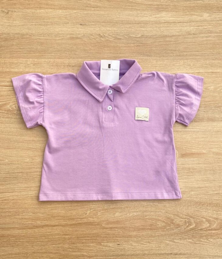 Blusa Manga Curta Infantil Feminina Lilás Gola Polo Manga com Babado Fernanda Ramos Kids