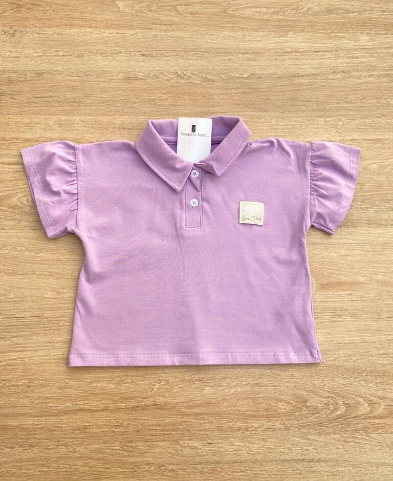 Blusa Manga Curta Infantil Feminina Lilás Gola Polo Manga com Babado Fernanda Ramos Kids