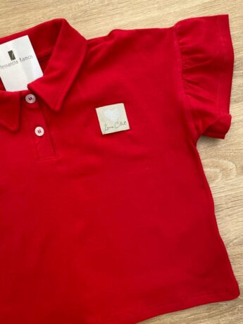 fernandaramoskids com br Blusa Manga Curta Infantil Feminina Vermelha Gola Polo Manga com Babado1