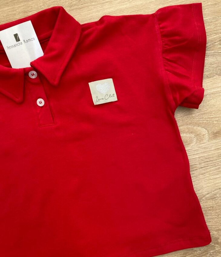 fernandaramoskids com br Blusa Manga Curta Infantil Feminina Vermelha Gola Polo Manga com Babado1