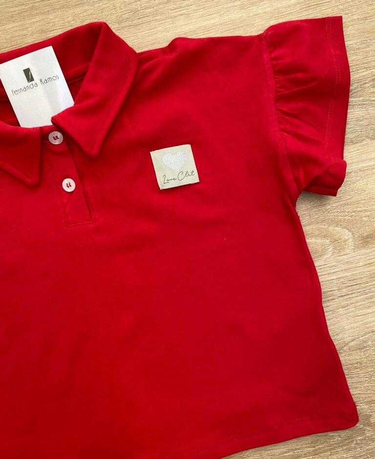 fernandaramoskids com br Blusa Manga Curta Infantil Feminina Vermelha Gola Polo Manga com Babado1