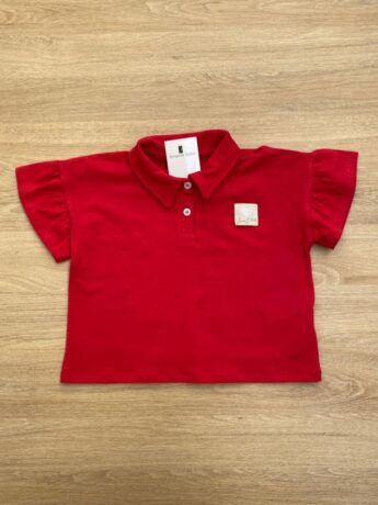Blusa Manga Curta Infantil Feminina Vermelha Gola Polo Manga com Babado Fernanda Ramos Kids
