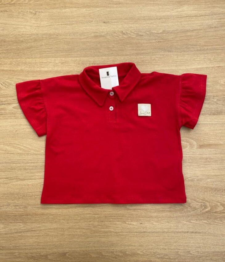 Blusa Manga Curta Infantil Feminina Vermelha Gola Polo Manga com Babado Fernanda Ramos Kids