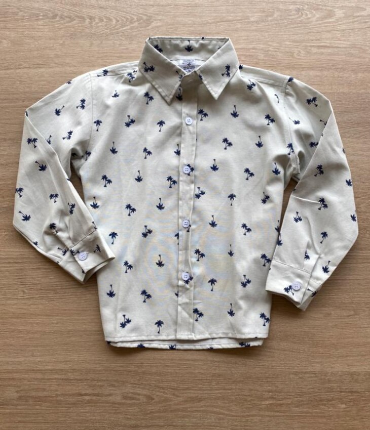 Camisa Infantil Masculina Manga Longa Cinza Estampada de Coqueiros Fernanda Ramos Kids