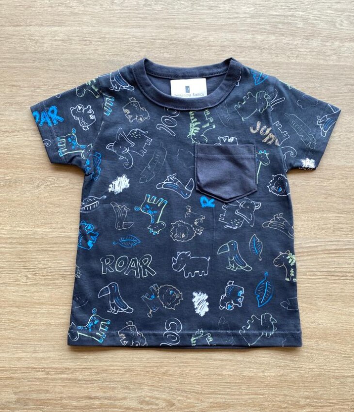 Camiseta Infantil Masculina Manga Curta Azul Marinho Estampada Fernanda Ramos Kids