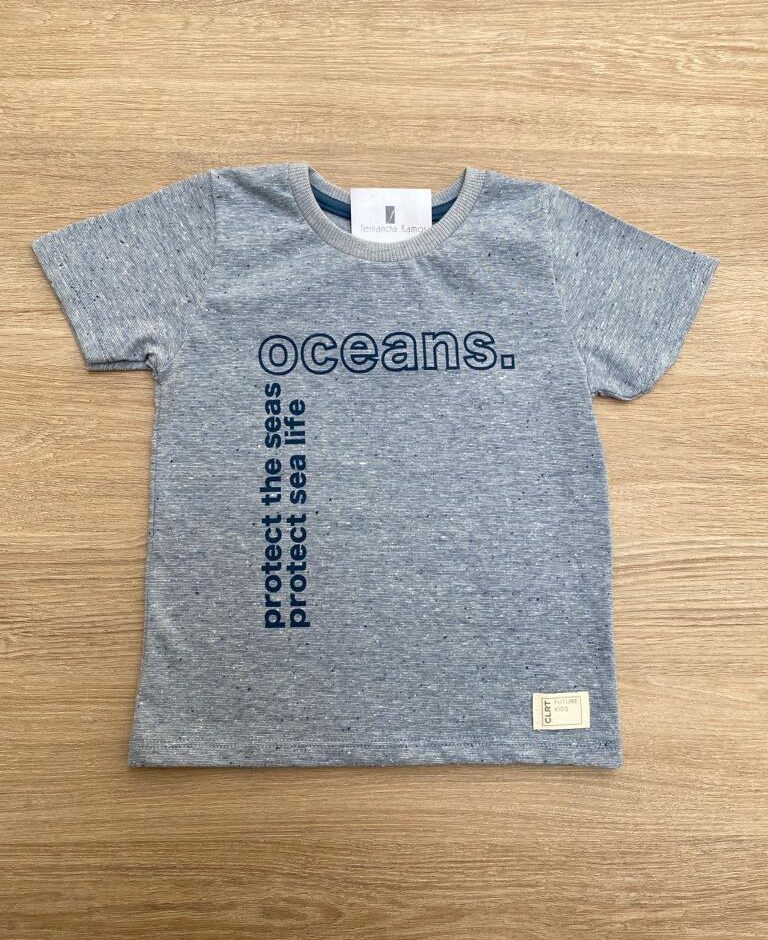 Camiseta Masculina Infantil Manga Curta Oceans Azul Mesclado Fernanda Ramos Kids