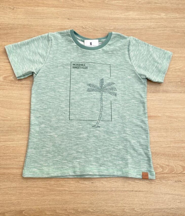 Camiseta Masculina Infantil Verde Água com Estampa de Coqueiro Fernanda Ramos Kids