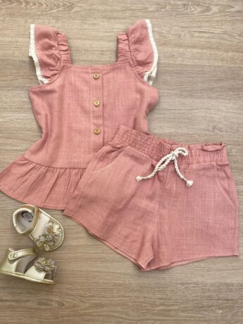 fernandaramoskids com br Conjunto Feminino Infantil Cropped com Botões e Short Rose1