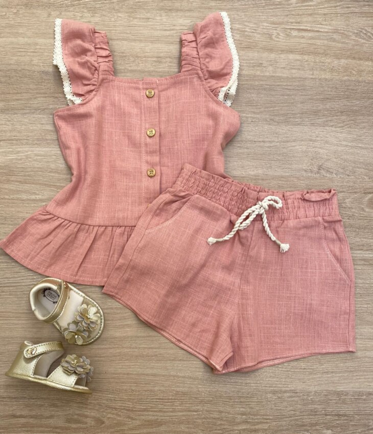 fernandaramoskids com br Conjunto Feminino Infantil Cropped com Botões e Short Rose1