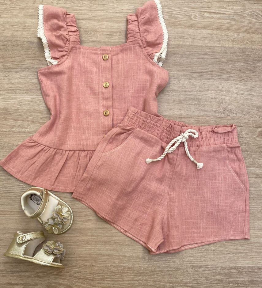 fernandaramoskids com br Conjunto Feminino Infantil Cropped com Botões e Short Rose1