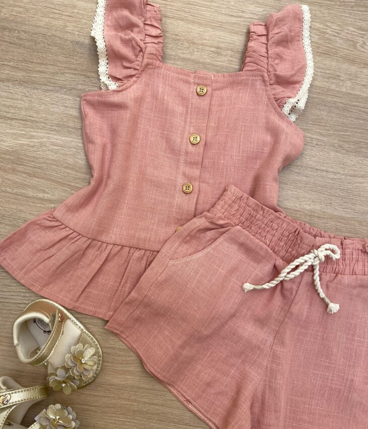 fernandaramoskids com br Conjunto Feminino Infantil Cropped com Botões e Short Rose2