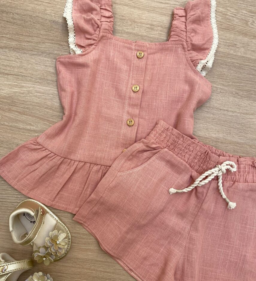 fernandaramoskids com br Conjunto Feminino Infantil Cropped com Botões e Short Rose2
