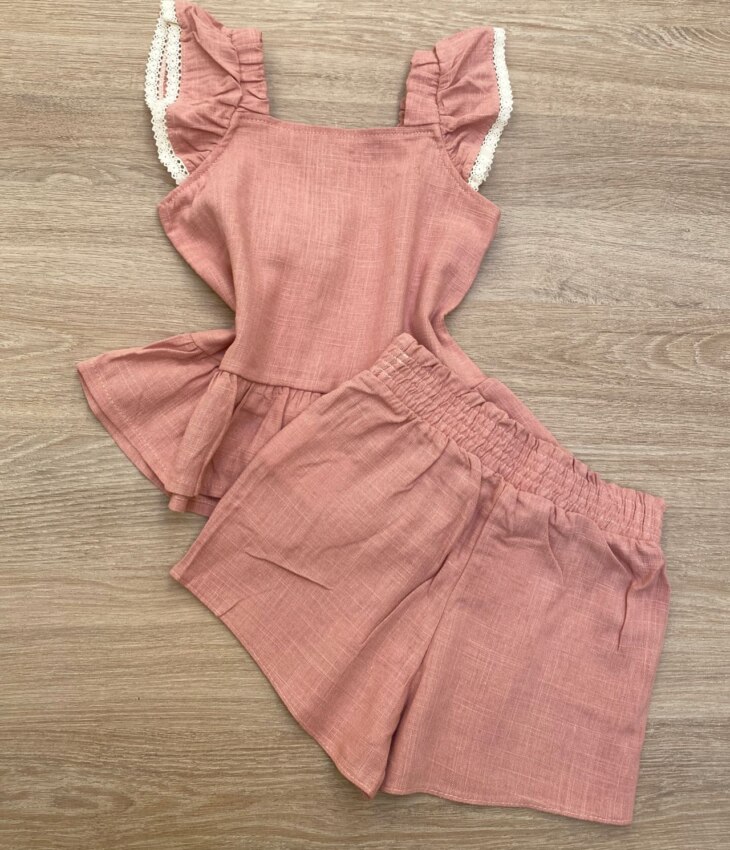 fernandaramoskids com br Conjunto Feminino Infantil Cropped com Botões e Short Rose3