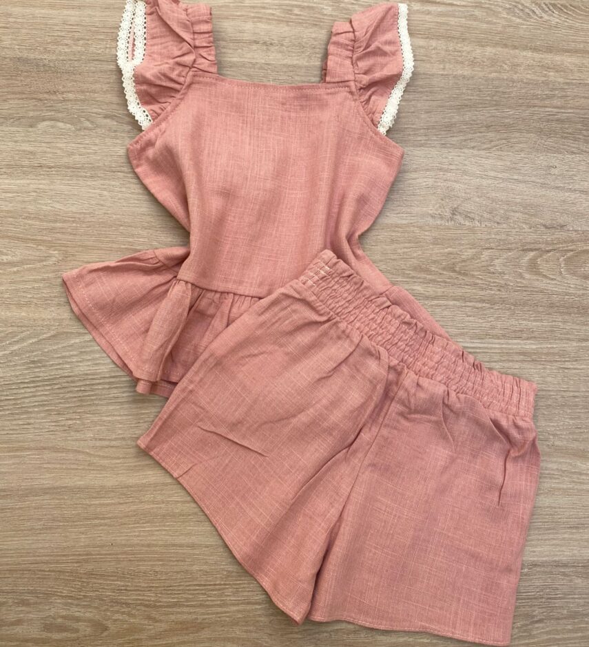 fernandaramoskids com br Conjunto Feminino Infantil Cropped com Botões e Short Rose3