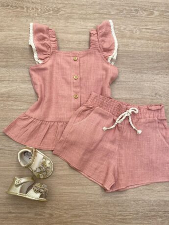 Conjunto Feminino Infantil Cropped com Botões e Short Rose Fernanda Ramos Kids