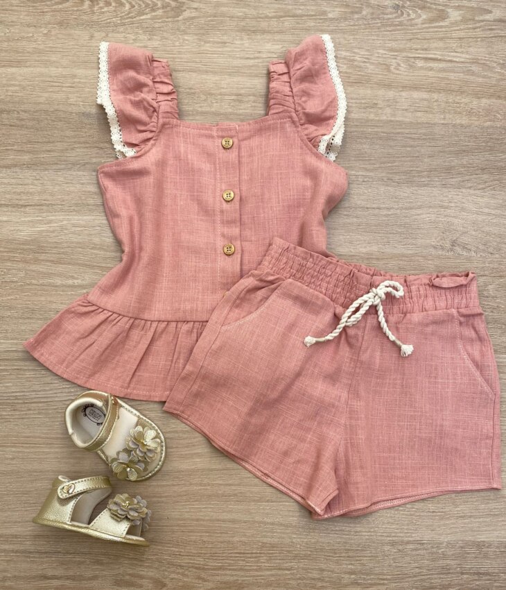 Conjunto Feminino Infantil Cropped com Botões e Short Rose Fernanda Ramos Kids