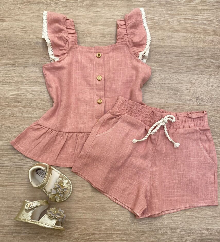 Conjunto Feminino Infantil Cropped com Botões e Short Rose Fernanda Ramos Kids