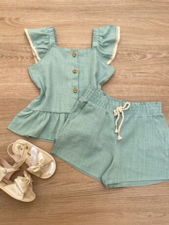 fernandaramoskids com br Conjunto Feminino Infantil Cropped com Botões e Short Verde1