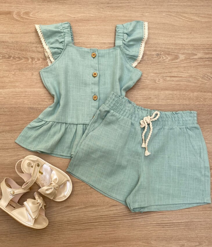 fernandaramoskids com br Conjunto Feminino Infantil Cropped com Botões e Short Verde1