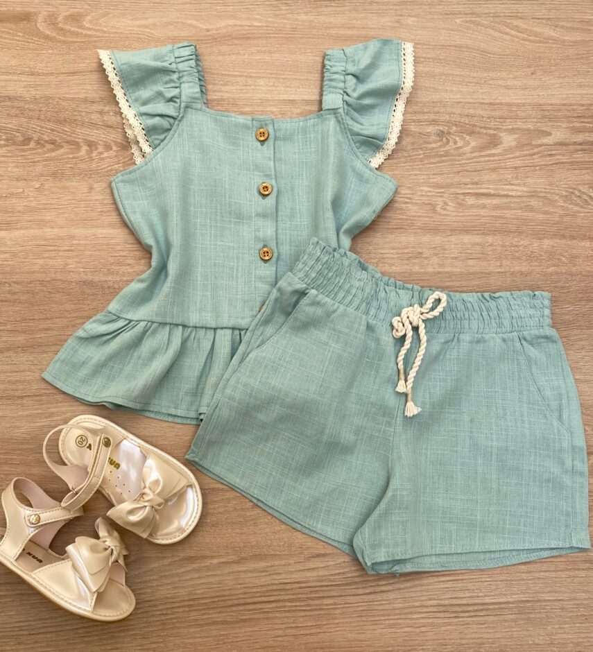 fernandaramoskids com br Conjunto Feminino Infantil Cropped com Botões e Short Verde1