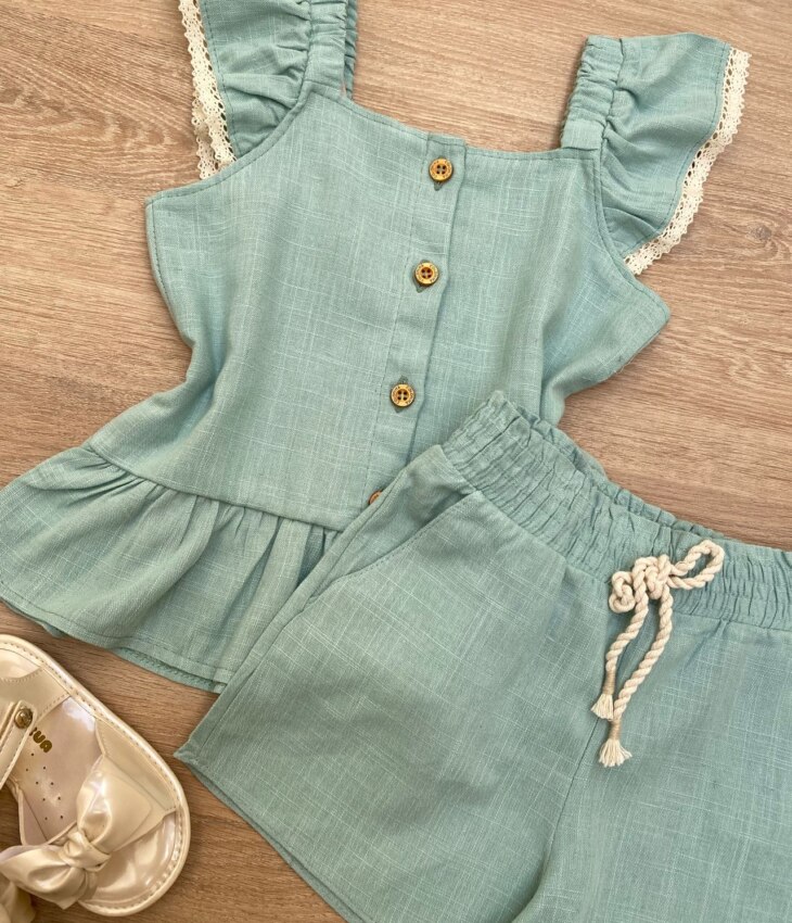 fernandaramoskids com br Conjunto Feminino Infantil Cropped com Botões e Short Verde2