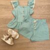 Conjunto Feminino Infantil Cropped com Botões e Short Verde Fernanda Ramos Kids