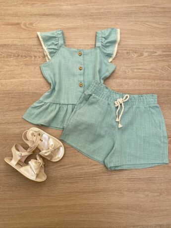 Conjunto Feminino Infantil Cropped com Botões e Short Verde Fernanda Ramos Kids