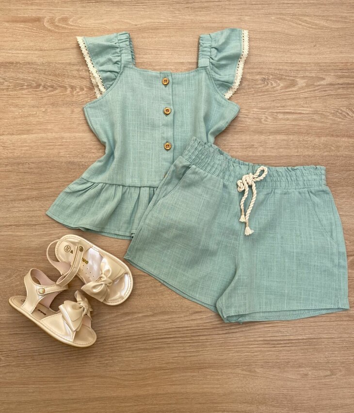 Conjunto Feminino Infantil Cropped com Botões e Short Verde Fernanda Ramos Kids