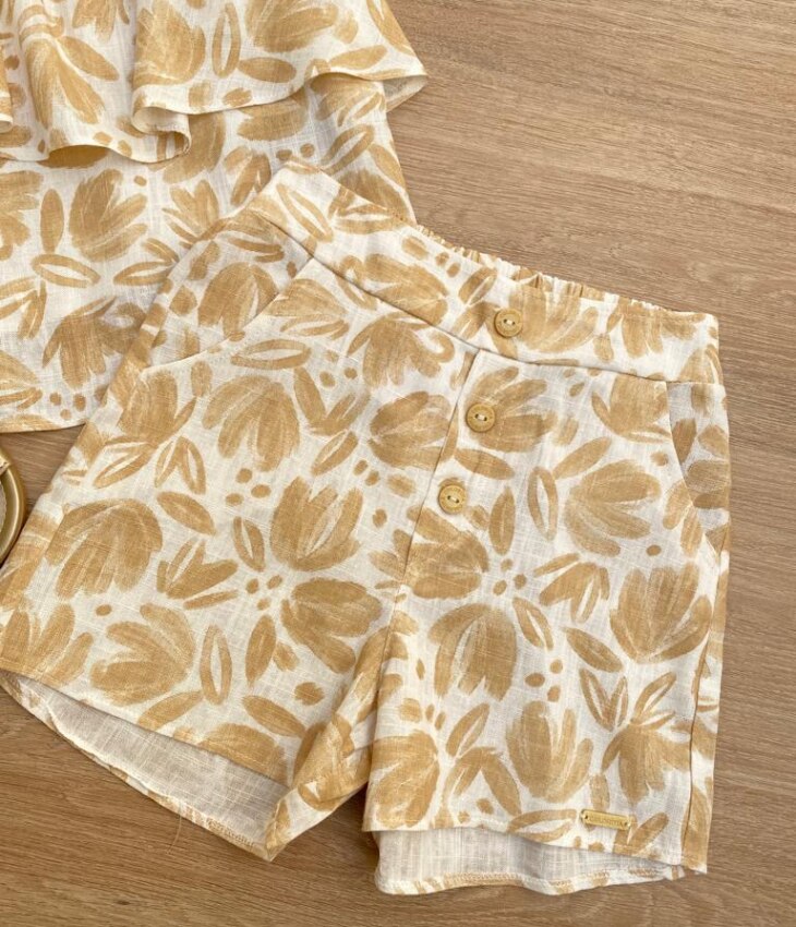 fernandaramoskids com br Conjunto Feminino Infantil Cropped e Short Estampado Bege2