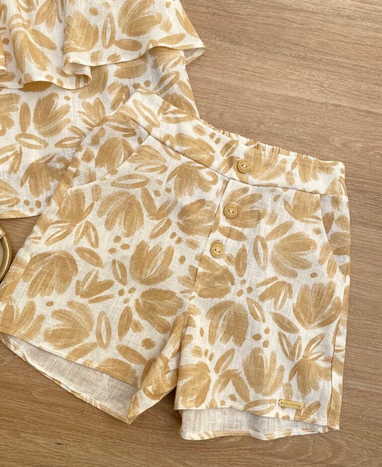 fernandaramoskids com br Conjunto Feminino Infantil Cropped e Short Estampado Bege2