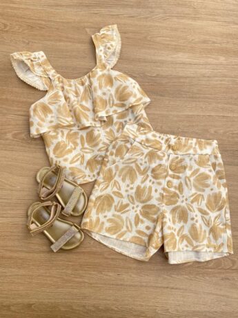 Conjunto Feminino Infantil Cropped e Short Estampado Bege Fernanda Ramos Kids