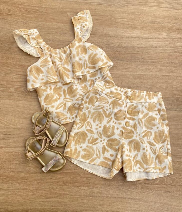 Conjunto Feminino Infantil Cropped e Short Estampado Bege Fernanda Ramos Kids