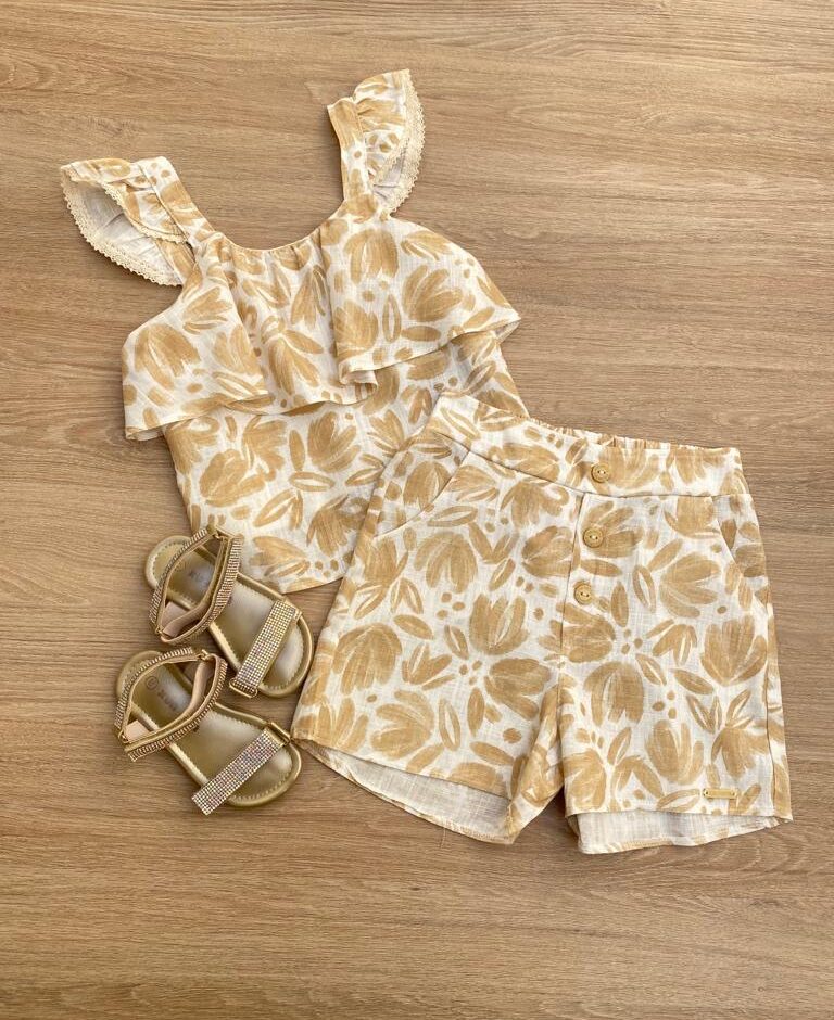 Conjunto Feminino Infantil Cropped e Short Estampado Bege Fernanda Ramos Kids