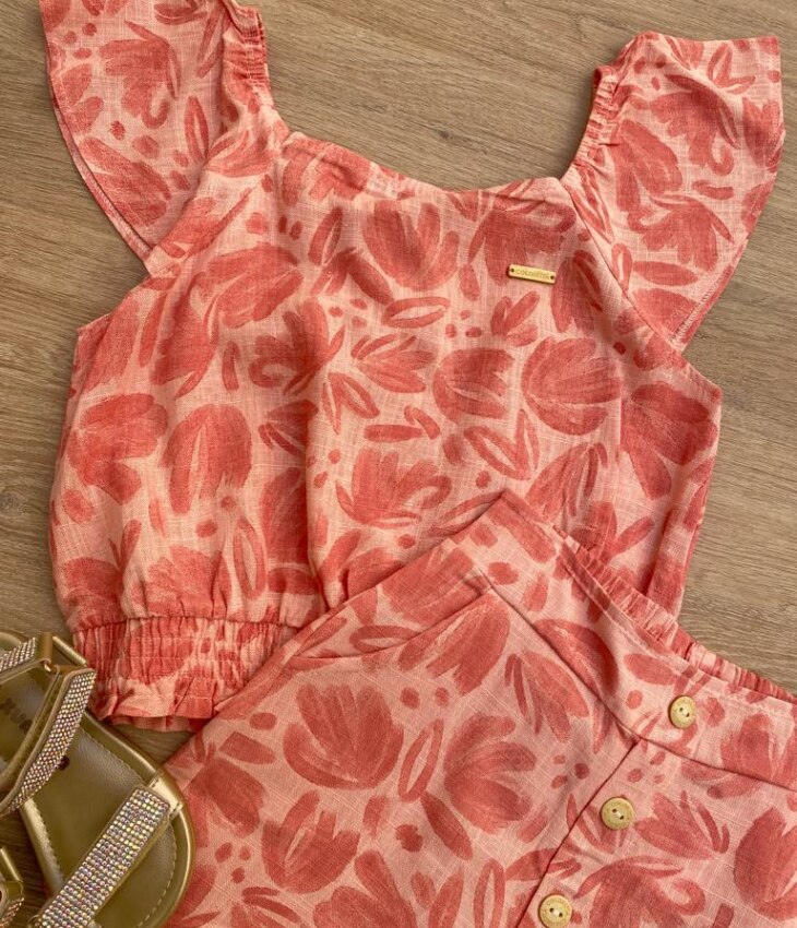 fernandaramoskids com br Conjunto Feminino Infantil Cropped e Short Estampado Salmão1