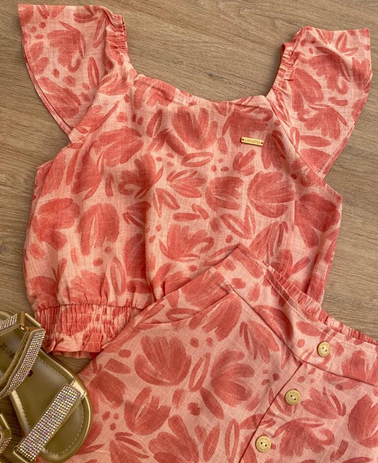 fernandaramoskids com br Conjunto Feminino Infantil Cropped e Short Estampado Salmão1